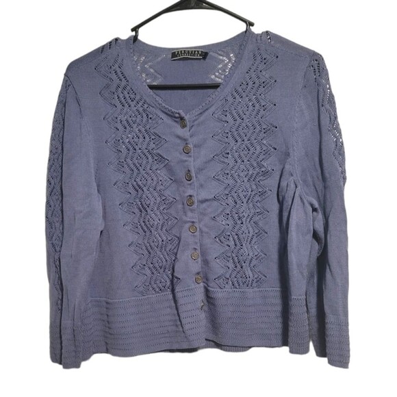Peruvian Connection Pima Cotton Cardigan Pointelle Knit Sweater Blue/Purple XL - Picture 1 of 7